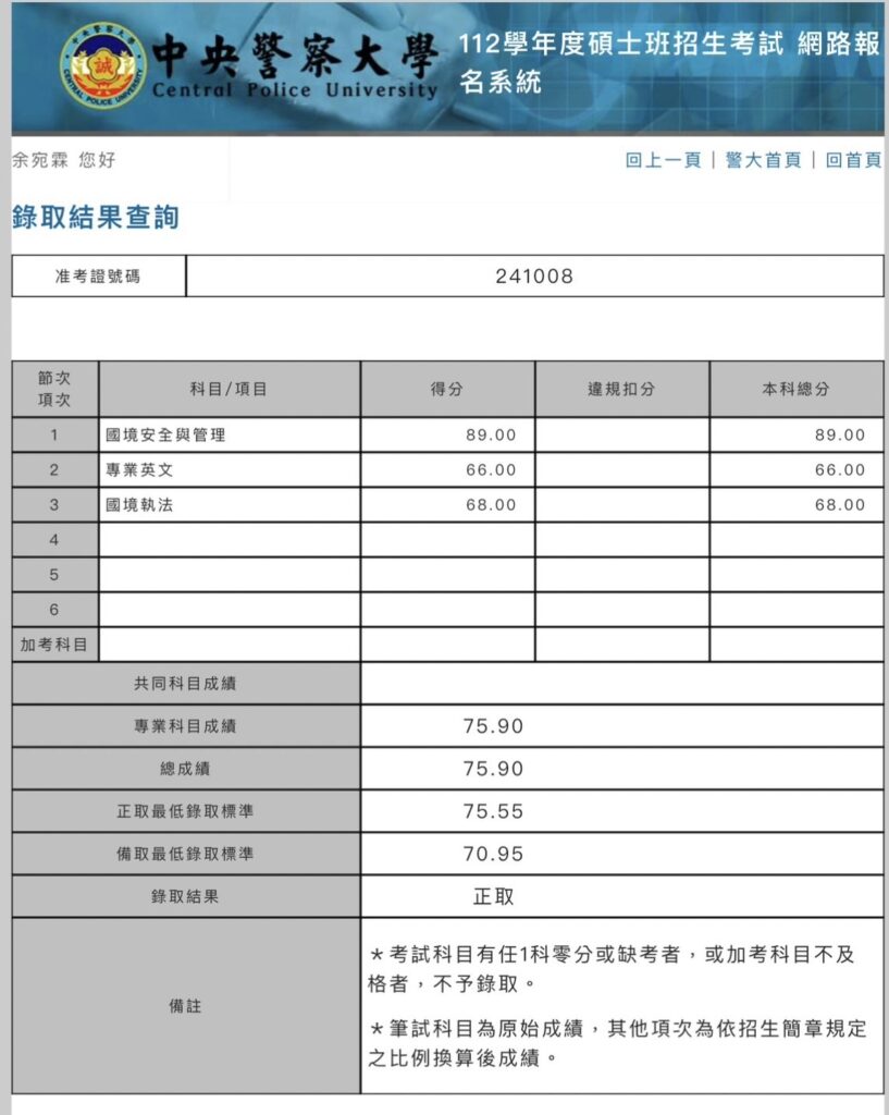 余宛霖成績單_國境所榜首_在職全時