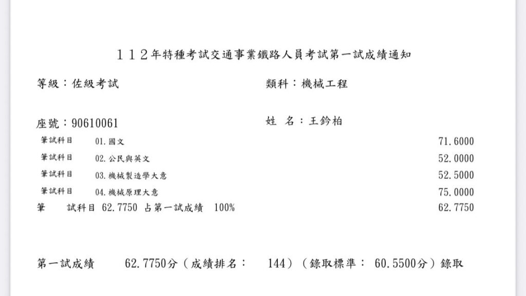 王鈐柏成績單